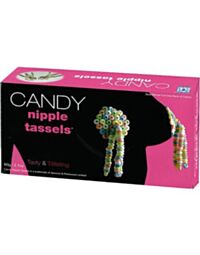A digital illustration showcases a rocket with a circular background, reminiscent of adhesive stickers, with the text "Candy Nipple Tassels" floating above the graphic, all against a green backdrop.