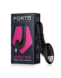 The Forto-Ribbed Pro Anal Massager in Black features a rocket launching into space, surrounded by stars, as it heads toward a stylized Earth. The design showcases shades of blue and white on a ribbed texture green background, adding depth to the celestial