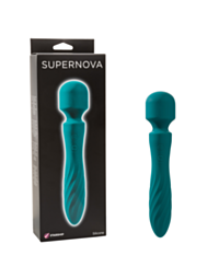 The teal silicone Starship Super Nova massager features a textured handle and a rechargeable, water-proof design. Nestled next to its sleek black packaging, it showcases its image on the box for the ultimate experience.