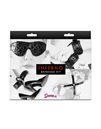 The Starship Inferno - Bondage Kit - Black features packaging with black and white images of a blindfolded person, exquisite restraints, high-heeled boots, and a cross, offering a tastefully designed BDSM experience. The Starship brand is prominently disp