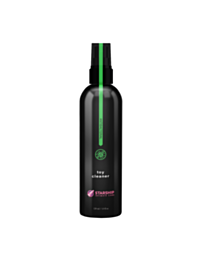 Green background featuring a graphic of a rocket inside a circle with stars, accompanied by the text "Starship Intimate Care Misting Toy Cleaner 4oz" to emphasize its alcohol-free nature.