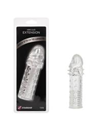 Introducing the Starship Hercules Extension-Clear, a stretchy extender made from body-safe transparent TPR. The product features a ribbed design with dotted textures and claims to add 2 inches (5 cm) to length, as highlighted on its packaging.