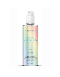 A circle features a green background with the text 'No Image' at the top, displaying a white icon of a rocket orbiting a small planet, surrounded by stars. This design is part of the Simply Aqua Special Edition 4oz product that supports LGBTQ+ charities w