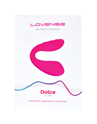 The image displays the packaging for the Lovense Dolce Dual Stim Vibe Pink, a USB rechargeable dual-stimulating vibrator. The text reads "Sex Tech For Everyone" and "Bluetooth Adjustable Dual Vibrator," complemented by a colorful wave design at the bottom