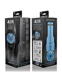 A display featuring a female mannequin in a sleeveless, metallic dress with a futuristic design evokes the essence of Fleshlight Freaks-Alien Blue Metallic. The background of light wood panels and reflective flooring enhances the modern artistic ambiance,