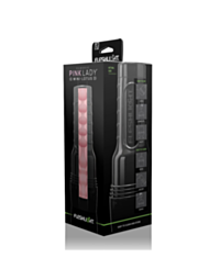 The illustration showcases a stylized design with a gray rocket adorned with circular windows, shooting upwards inside a circular border, surrounded by sparkles against a green backdrop. The text "Fleshlight Mini Pink Lady Lotus" at the top amplifies the 