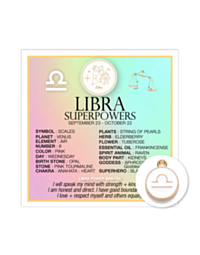 Image showcasing the Zodiac Libra Card w Charm on a pastel gradient background, embellished with a zodiac charm. It features symbols, personality traits, element, color, compatibility, healing crystal, plant, flower, essential oil, and mantra associated w