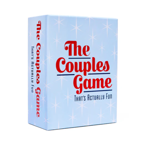 A light blue Game of Couples party game box with red and black text, a subtle star pattern, and fun questions designed to spark interactive game nights for couples.