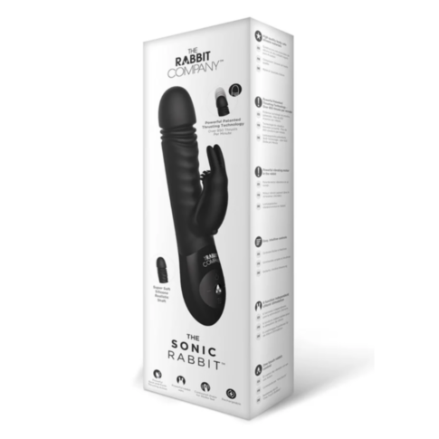 A box highlights the stylish Sonic Rabbit vibrator in purple by The Rabbit Co, which includes advanced thrusting technology. The packaging emphasizes its powerful motor and silicone shaft, along with images of the device. On a white background, text and d