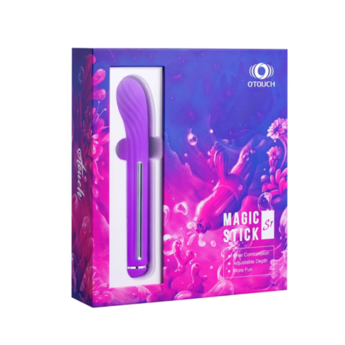 The image showcases a box containing the Otouch-Magic Stick S1 Plus with Changeable Attachments in Purple, a personal massager. It features vibrant pink and purple artwork with floral elements, highlighting "Wave Combination" and "Adjustable Depth." This 