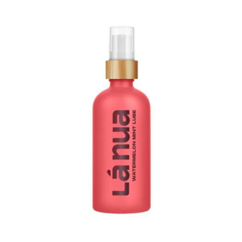 The Watermelon Mint Lubricant spray bottle showcases a pink body, white pump nozzle, and wooden-look collar with Lánua printed vertically in black on the front, emphasizing its water-based natural moisturizer formula for a smooth and refreshing experience