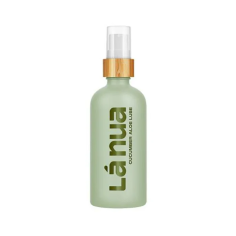 A green bottle with a bamboo-textured cap, labeled Cucumber Aloe Water Based Lubricant-3.4oz, features a pump dispenser.