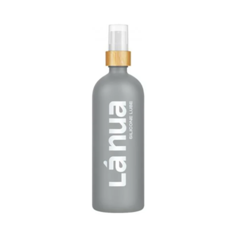 Grey bottle of Lá Nua Unscented Silicone Lubricant-6.8oz with a clear pump, wooden cap, and vertically printed brand name in white, offers a natural moisturizer experience.