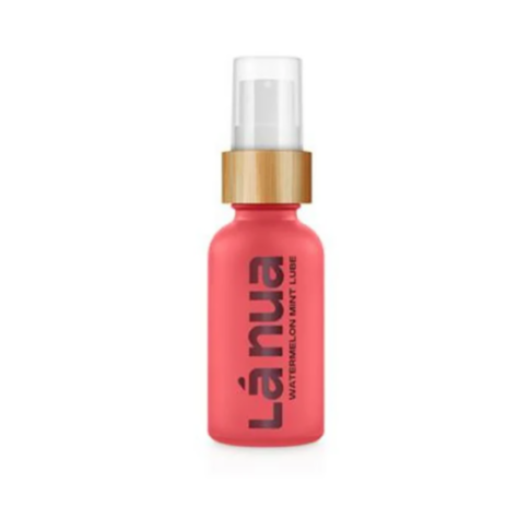 A pink bottle labeled with a pump and wooden top, featuring the text Watermelon Mint Water-Based Lubricant-1oz with antimicrobial ingredients, stands upright against a white background.