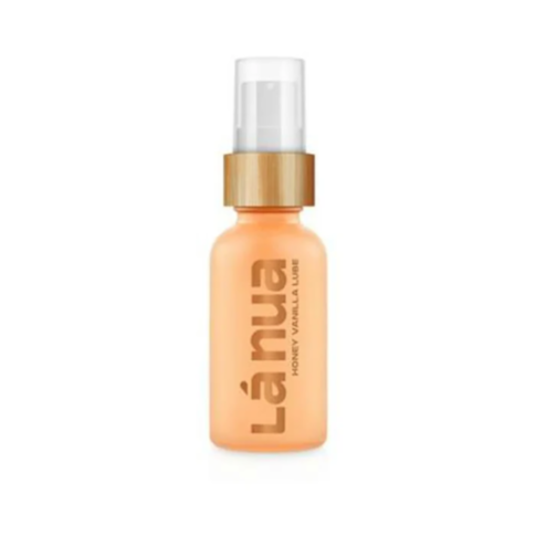 The Lánua Honey Vanilla Water-Based Lubricant-1oz comes in an orange bottle with a sleek wooden cap and minimalist label. The pump dispenser provides easy application, while its natural formula serves as both a lubricant and moisturizer for enhanced comfo