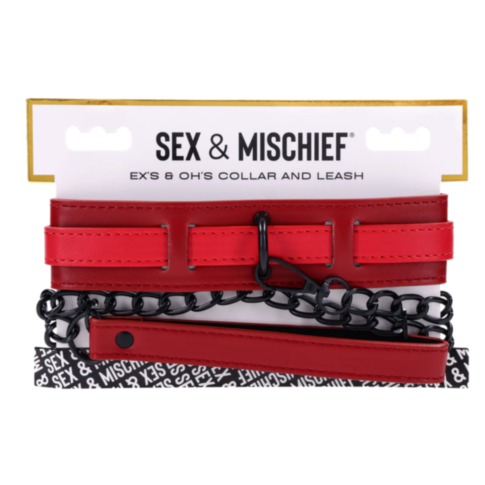 The Exs & Ohs Collar and Leash features a red faux leather collar with matte black chain leash and black metal hardware, packaged on a display card.