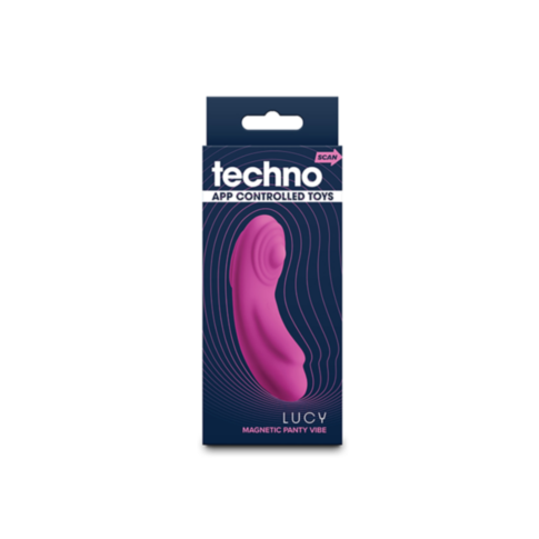 A magenta, curved personal device elegantly sits in packaging labeled NS-Techno App Controlled Toys, featuring the Panty Vibe Lucy. This sleek, rechargeable toy promises excitement against a navy background and offers water-resistant convenience for added