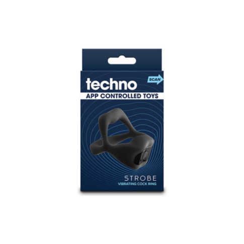 The NS-Techno App Controlled Vib CR Strobe-Black is packaged in sleek packaging, predominantly dark blue with white lettering. The box prominently features the app-controlled black device on the front, highlighting its cutting-edge convenience and design.