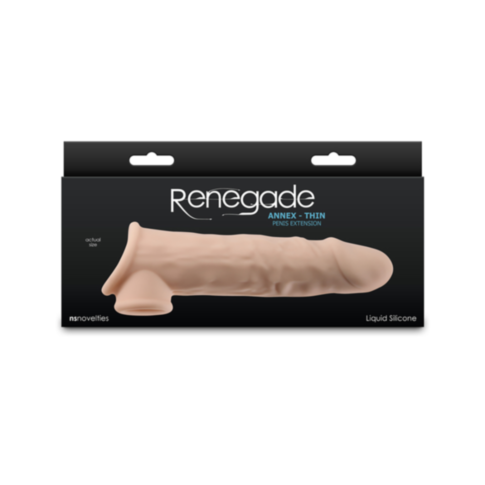 The packaging for the NS-Renegade-Annex Thin Extension-Flesh emphasizes its textured design for enhanced enjoyment, made from liquid silicone. It features a sleek look with white and turquoise text detailing its unique sleeve.
