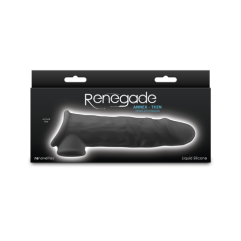 The NS-Renegade-Annex Thin Extension-Black packaging features a realistic image of the black product, highlighting Liquid Silicone and Actual Size. Its design emphasizes premium quality and versatility, making it an essential liquid silicone sleeve.