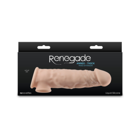 The packaging presents the NS-Renegade-Annex Thick Extension-Flesh in a sleek black design with an image of the product, made from premium liquid silicone sleeves for maximum comfort and durability.