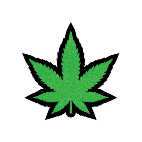 Presenting the Wood Rocket-Green Glitter Leaf Pin: A textured, sparkling illustration of a green seven-pointed marijuana leaf with a black outline set against a white background, bringing 420 pride to life with its eye-catching enamel pin design.