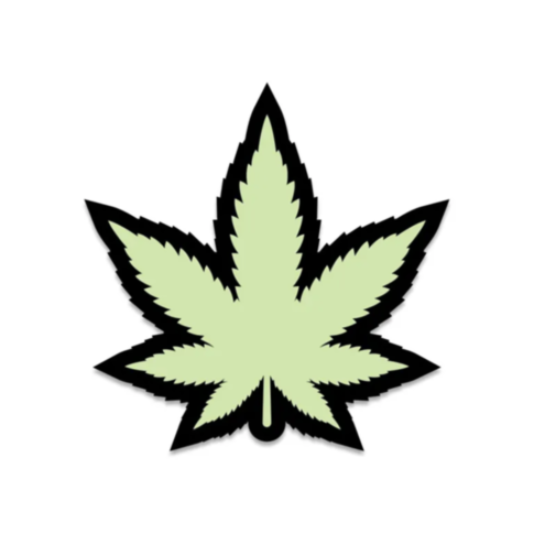 Introducing the Wood Rocket-Glow-In-The-Dark Leaf Pin: a uniquely stylized enamel lapel pin featuring a light green cannabis leaf. It showcases bold black outlines and pointed, symmetrical edges against a white background, capturing the essence of the can