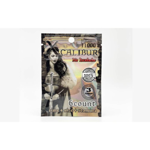 The Xcalibur 6ct pack, offering fast-acting and long-lasting benefits for enhancing male sexual performance, includes natural ingredients that promise no headache. It showcases an eye-catching image of a woman in a fur coat and highlights its focus on tim