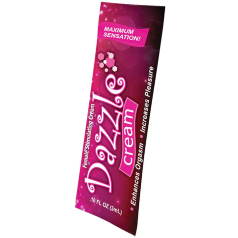 The Dazzle cream, packaged in a red and purple sachet labeled as the Female Stimulating Cream Dazzle Pillow Pack, is designed to enhance orgasms, provide maximum sensation, and increase pleasure. It contains 0.10 fl oz (3 mL) of product.