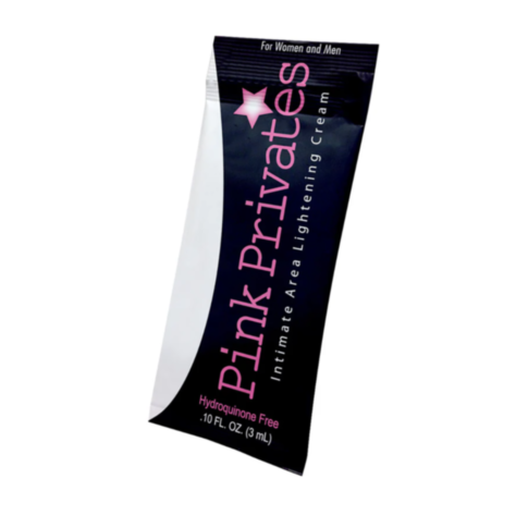 The packaging of Pink Privates lightening cream pillow pack for both women and men features a predominantly black sachet with pink and white text, emphasizing that the product is hydroquinone-free. The size is specified as 0.10 fl. oz (3 mL).