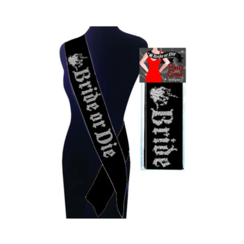 Graphic featuring a gray rocket launching over a planet and stars against a green background, enhanced with the playful vibe of fun products by Little Genie Productions, complete with the text "No Image Available for Bride or Die Sash.