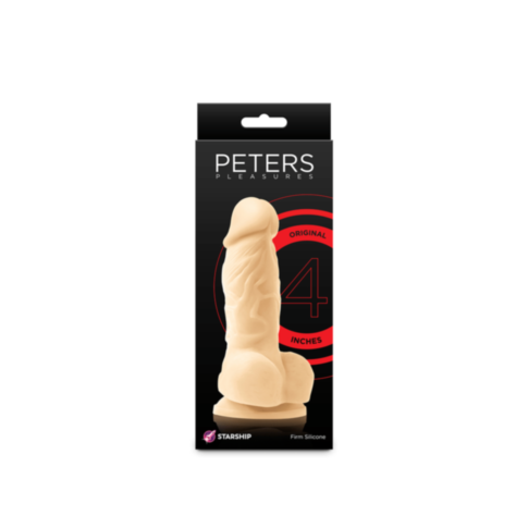 The sleek black and red box featuring PETERS displays a realistic 4-inch flesh-colored dildo standing upright. Made from platinum-grade silicone, the packaging highlights its Original quality, emphasizing the exquisite appeal of Starship Peters Pleasures-