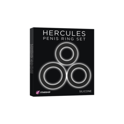The Starship Hercules Penis Ring Set box displays three glowing rings in a triangular arrangement. Made from stretchy silicone to enhance erections, it features the Starship logo prominently in the bottom left corner.
