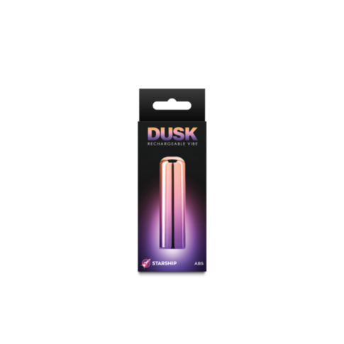 A stylized graphic of a rocket inside a circular badge captures the sleek design of the Starship Dusk Petite. The rocket, resembling a slim vibrator, ascends diagonally upwards with stars around it. Above, the words "No Image" appear against a green backg