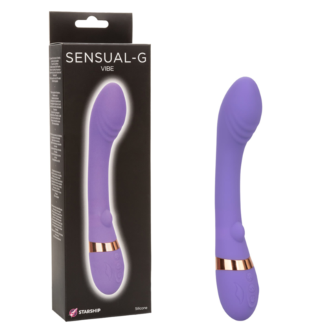 The image showcases the Starship Sensual-G, a purple silicone vibrator with a curved design and dual motors. It features a gold accent near the base and is displayed next to its sleek black box packaging labeled SENSUAL-G VIBE.