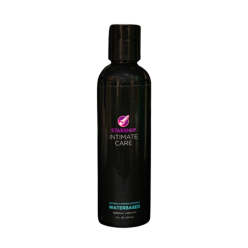 The Starship Intimate Care Natural & Hypoallergenic WB 4oz is a water-based personal lubricant in a sleek, black bottle, featuring natural ingredients.