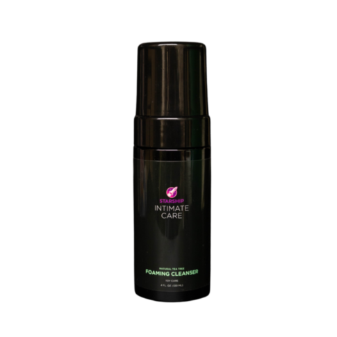 The sleek black bottle of Starship Intimate Care Tea Tree Foaming Toy Cleaner 4oz features a purple label, highlighting its natural tea tree oil content for disinfecting and maintaining hygiene. This versatile 4 fl. oz. (120 ml) cleanser is perfect as a t