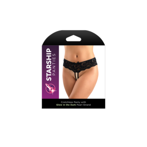 Packaging for Starship Panties - Crotchless Panty With GITD Pearls M/L shows a model in black lace crotchless panties with glow-in-the-dark pearls, with the product name and description displayed on the box.