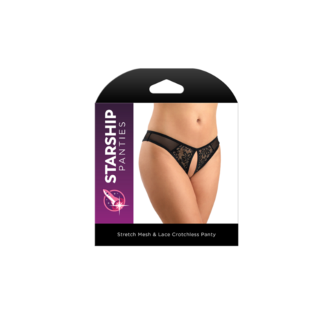 Starship Panties - Stretch Mesh & Lace Crotchless Panty M/L packaging shows a model wearing black mesh and lace crotchless panties. The label states Stretch Mesh & Lace Crotchless Panty on a white background.