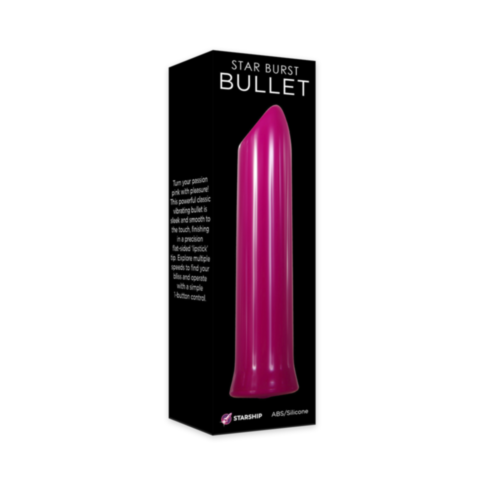 A black box labeled Starship Star Burst Bullet - Pink contains a pink, bullet-shaped personal massager. The packaging highlights its sleek design, waterproof nature, USB magnetic rechargeable feature, and multi-speed function.