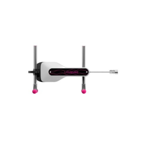 The Lovense Mini Sex Machine is a stylish device in black and pink, equipped with thrusting arms and rods extending from both ends. At its center is a compact control unit. Accompanied by attachments on each side, it is displayed against a crisp white bac
