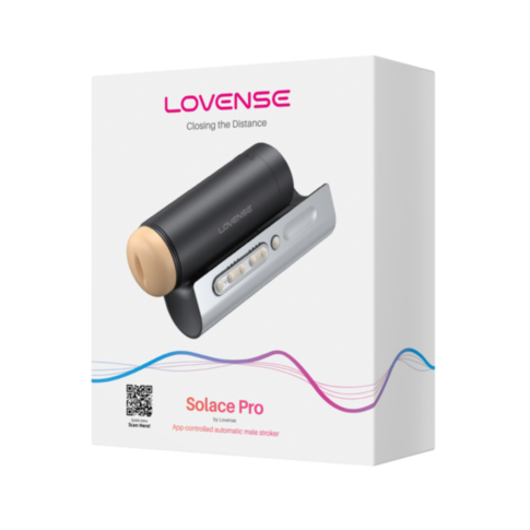 A product box highlights the Lovense-Solace Pro Thrusting Stroker with Mount, displaying the brand logo and the phrase Closing the Distance. It features an image of this VR-compatible, app-controlled automatic thrusting device, along with a QR code positi