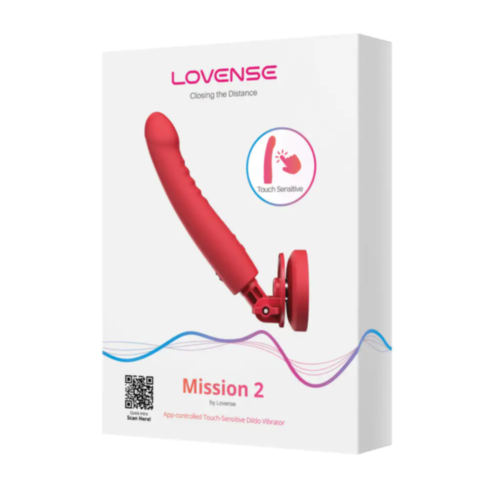 The Lovense-Mission 2 Dildo product box displays an image of the app-controlled, touch-sensitive vibrator along with branding details on a clean white background.