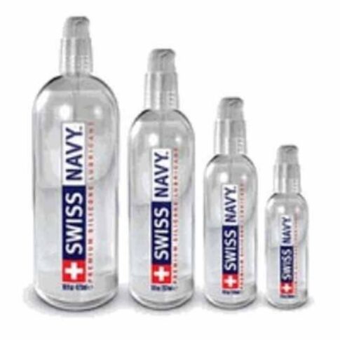 A placeholder graphic features a rocket launching into space, surrounded by a circle and stars on a green background. With the text "Swiss Navy Lube Silicone Base 16oz" above, the design captures a sense of glide and slickness as if propelled by premium l