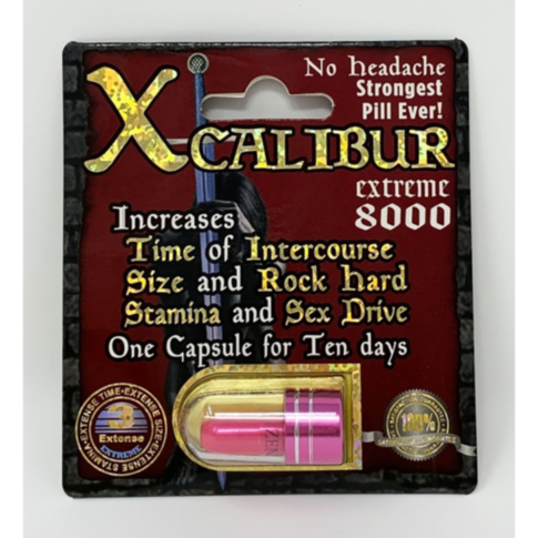Packaging for Xcalibur Platinum 8000 red, a dietary supplement claiming enhanced sexual performance, including increased duration, size, stamina, and libido. Features a distinctive pink capsule. Benefits touted: No headache and One capsule effective for t