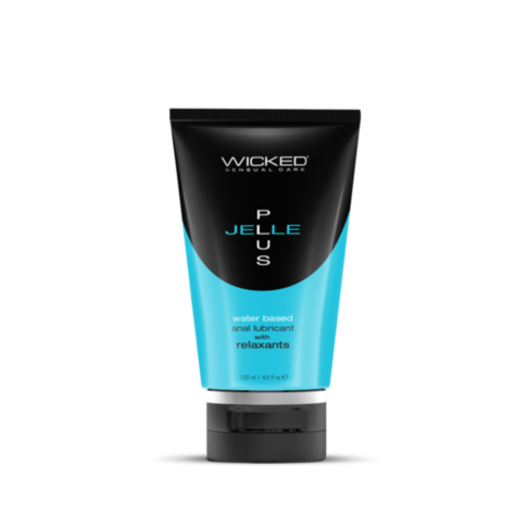 Text reading Jelle Plus Anal Lubricant with Relaxants 4oz is displayed above a graphic of a rocket launching through a circle with stars, evoking an adventurous spirit. The background is green, reminiscent of natural ingredients that calm the senses for y