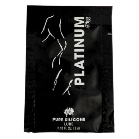 A compact black packet labeled Wet Platinum features a minimalist white line drawing of a body and states that it contains pure silicone lube, which is hypoallergenic and condom compatible, with a volume of 0.10 Fl. Oz./3 ml.