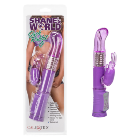 The Cal Exotics-SW Jack Rabbit G Purple is a rabbit-style vibrator featuring a G-spot curve, rotating beads within the shaft, and an external clitoral stimulator attachment. Positioned next to its packaging, it highlights detailed product information and 