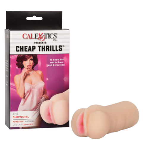 The packaging for Cal Exotics-Cheap Thrills the Showgirl features an enticing illustration of a woman in lingerie. Positioned beside the box, this adult toy is designed with lifelike details made from Pureskin® TPE material and includes a textured chamber