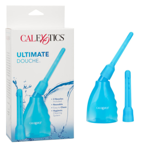 A Cal Exotics Ultimate Douche Blue kit is showcased, ideal for anal play. The kit features a squeeze bulb and two nozzles, with the packaging emphasizing its reusable nature and ease of cleaning.